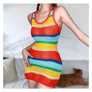 Crochet Knit - Rainbow Mini Dress - Size L - NWOT